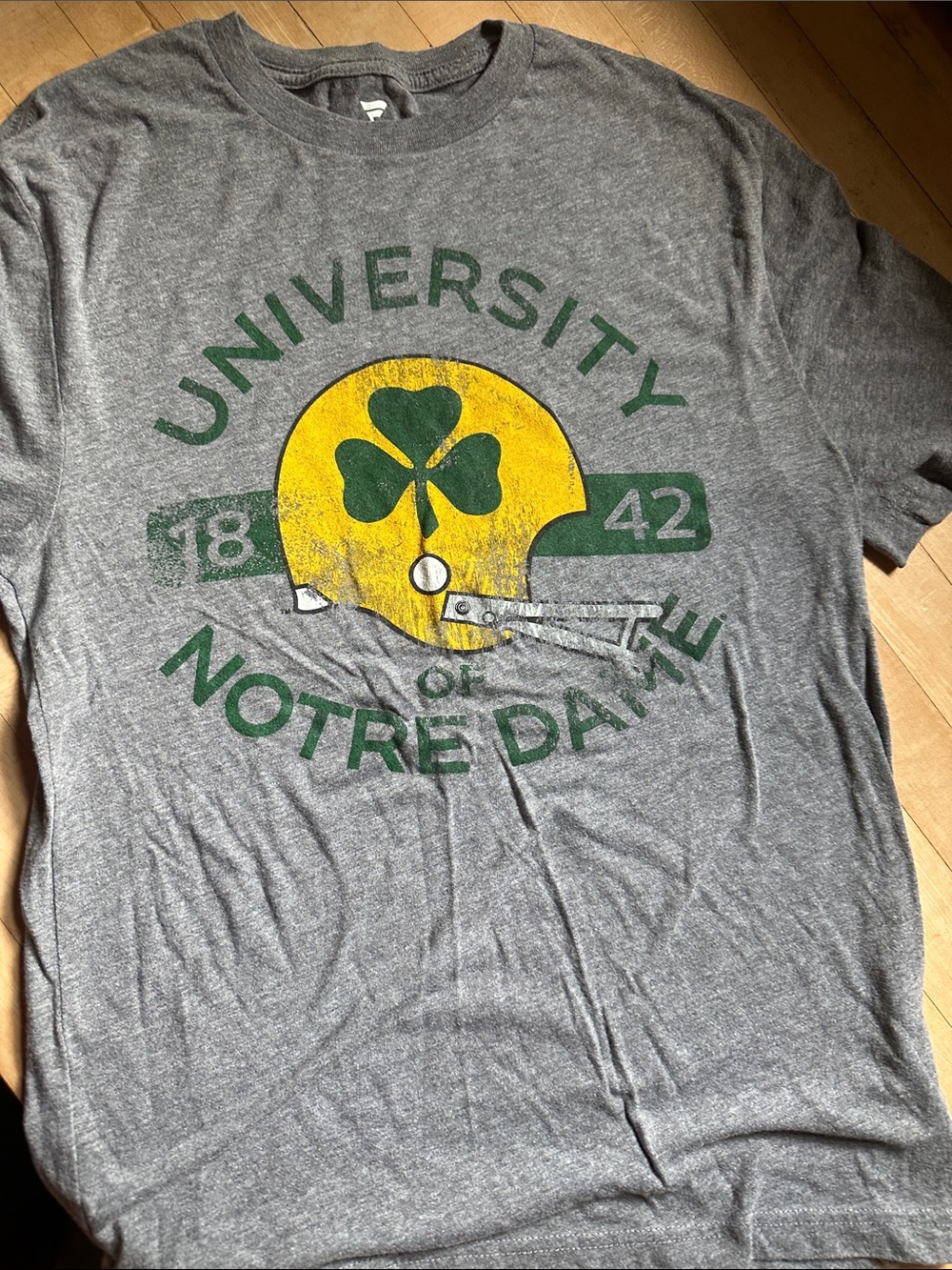 Fanatics Gray Tee with Yellow Helmet and Green Shamrock Graphic